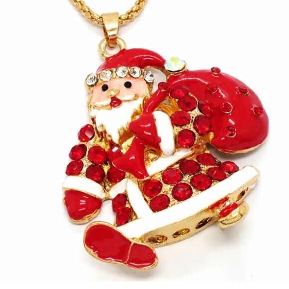 Red Enamel Santa Christmas Crystal Pendant Necklace NWOT - Picture 3 of 4